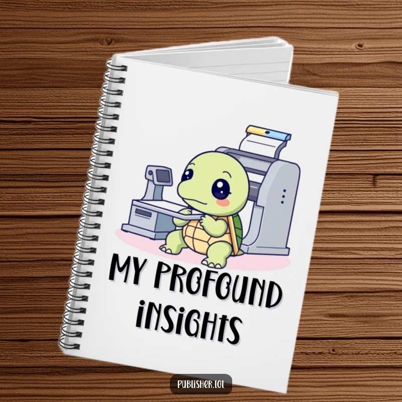 Funny Notebook featuring a thoughtful turtle looking intently at a printing press machine, perfect for jotting down notes with vintage, intellectual humor.