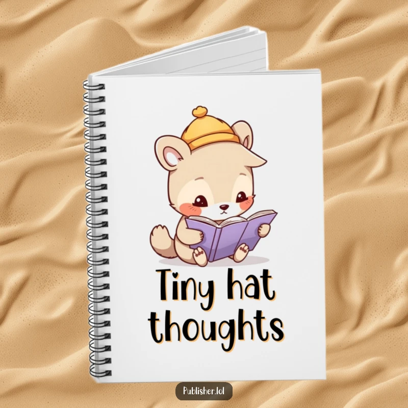 Funny notebook featuring a whimsical animal character wearing a tiny hat, closely inspecting a page with intense focus and curiosity.