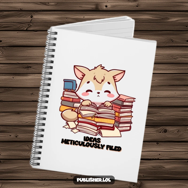 Funny notebook with an animal character sorting manuscripts, encouraging focus and organization, a perfect funny gift.