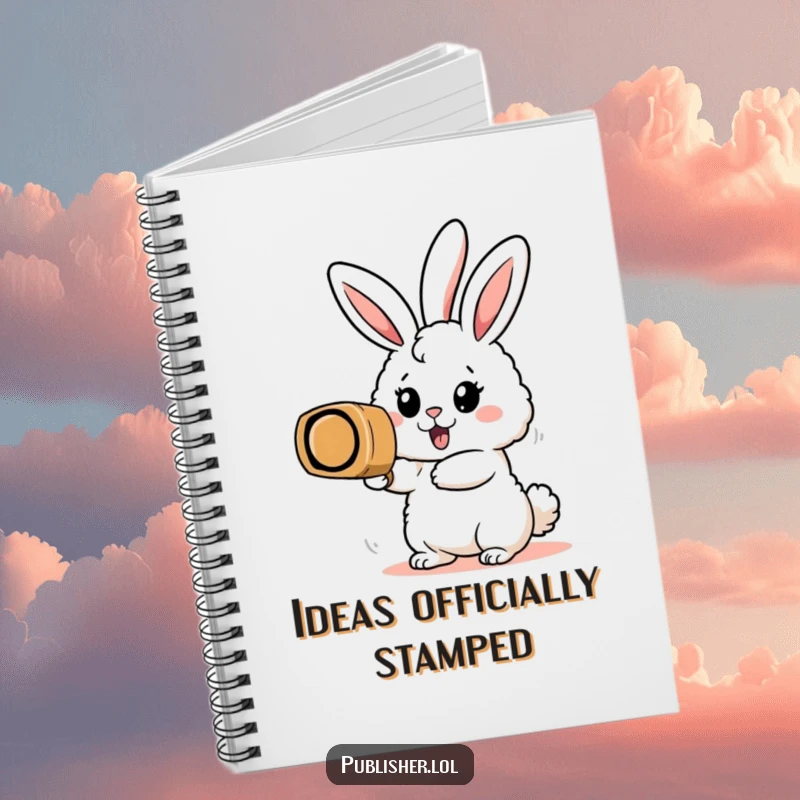 Funny notebook with an enthusiastic bunny character stamping a large rubber stamp, perfect for notes, planning, or journaling.