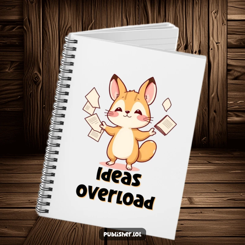 Funny notebook with a cover illustration of a tiny animal character masterfully juggling many papers with impressive dexterity and joy.