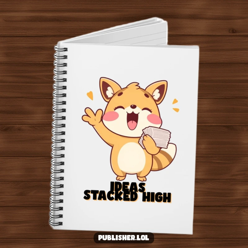 Funny notebook with a playful animal character cheering with papers, encouraging celebration and journaling, a perfect funny gift.