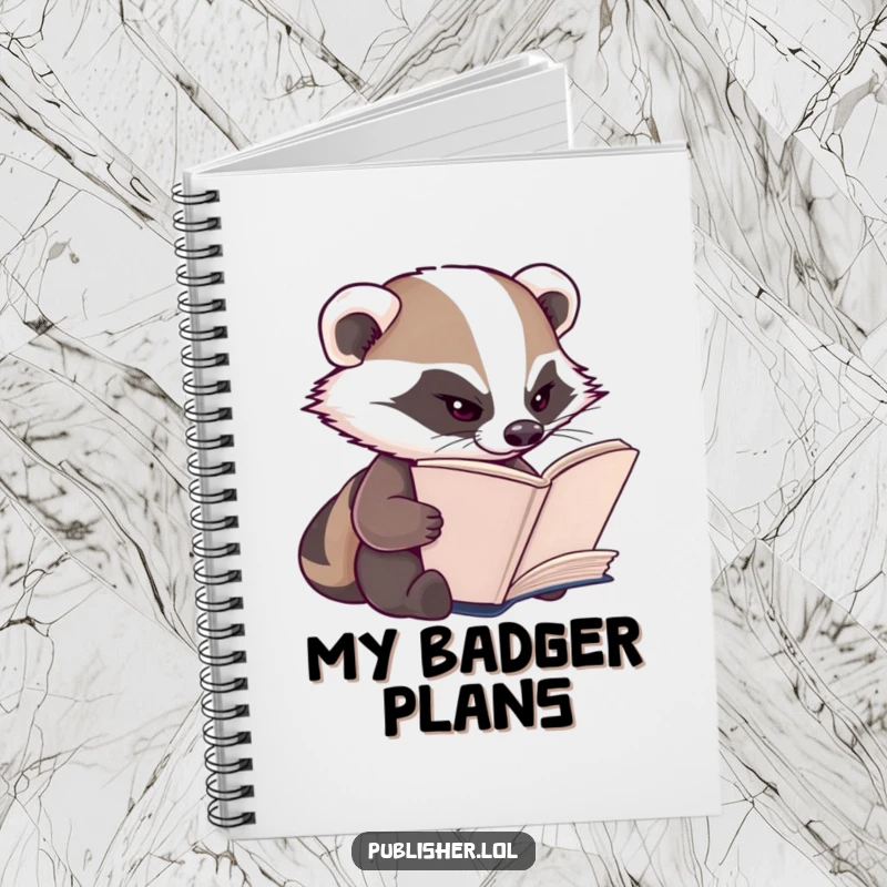 Funny Badger Notebook: A diligent badger character squints while inspecting book pages, perfect for focused writing.
