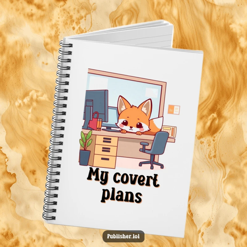 Funny Notebook featuring a curious fox peeking from behind an office desk, perfect for jotting down notes with a touch of sly humor.