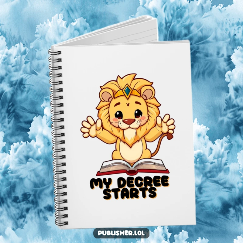 Funny Notebook: Regal lion character authoritatively points at a book layout, perfect for jotting down wise ideas.