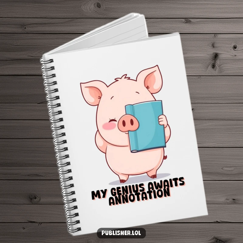 Funny notebook with a plump, proud pig character holding a newly printed book, perfect for writing ideas.