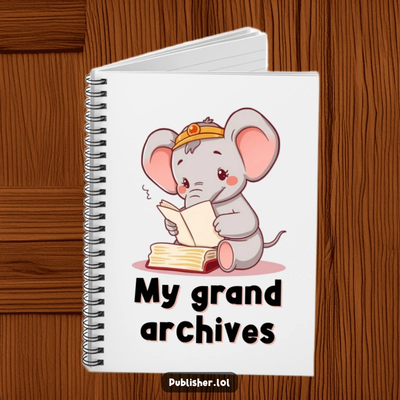 Funny notebook featuring a busy elephant character sorting through manuscripts with its trunk, inspiring organized note-taking and planning.