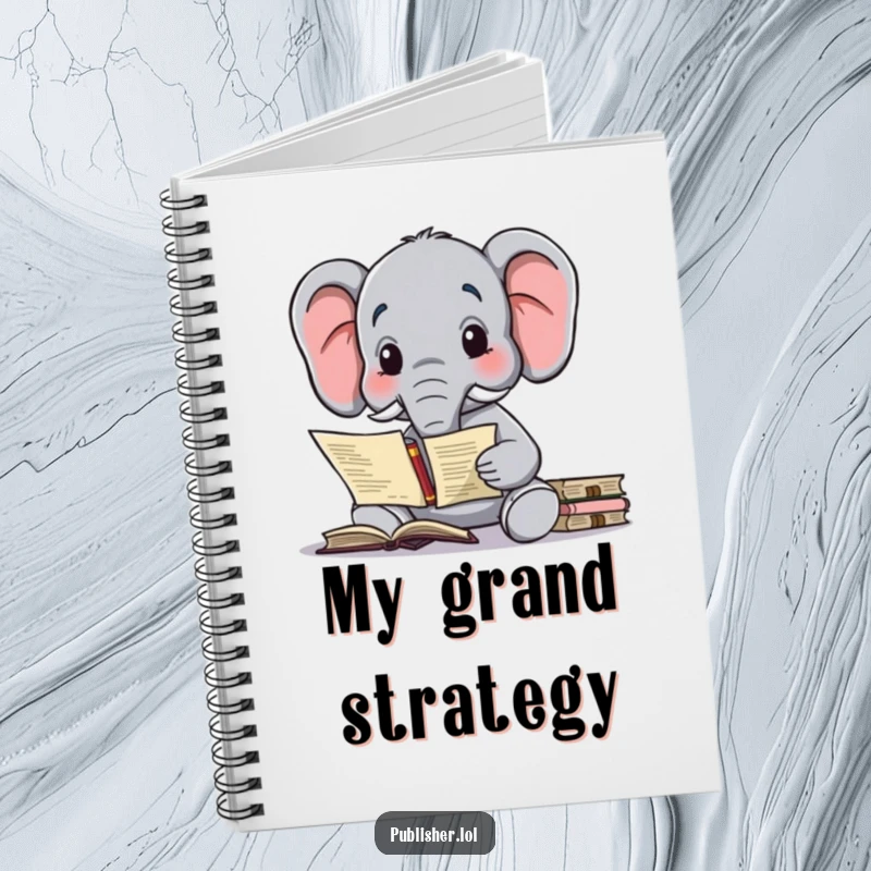 Funny notebook with a wise elephant character contemplating a complex publishing contract, perfect for writing notes.