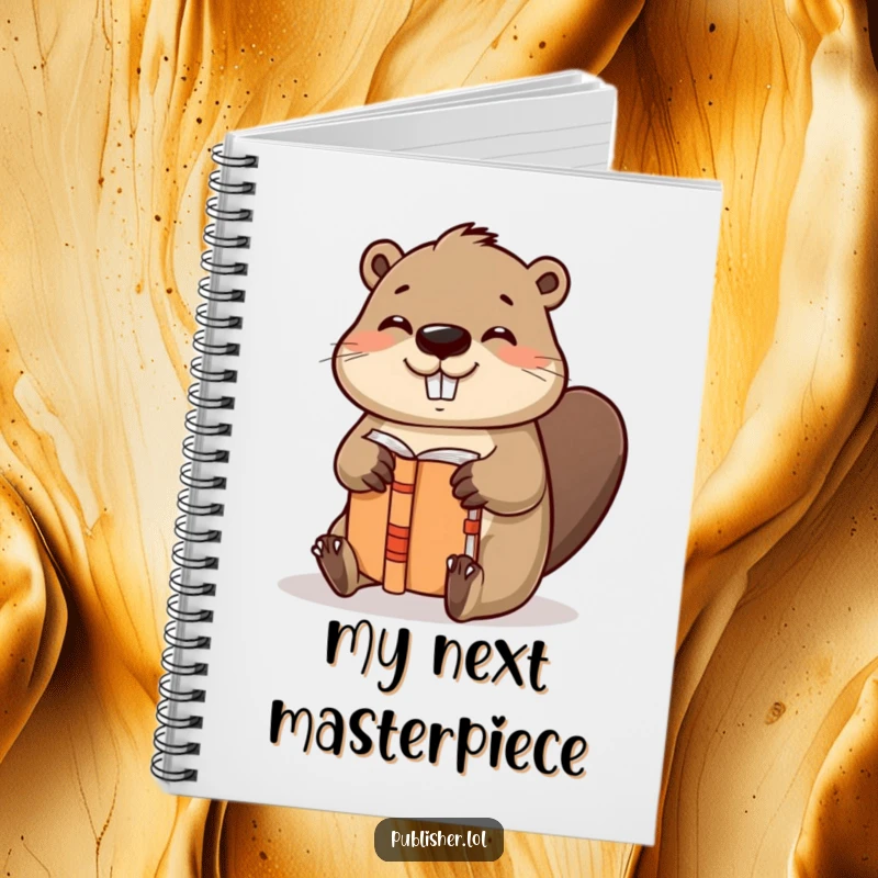 Funny notebook with a helpful beaver character binding a book with gusto and a satisfied nod, perfect for writing and note-taking.
