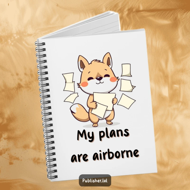 Funny notebook cover featuring a determined animal character expertly managing multiple flapping papers, perfect for planning and task management.