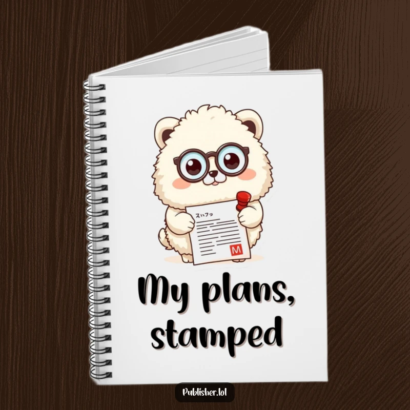 Funny notebook featuring a fluffy animal with a monocle, stamping a document, ideal for documenting important thoughts and plans.