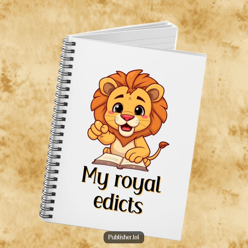Funny notebook featuring a decisive lion character pointing authoritatively at a manuscript, inspiring decisive note-taking and planning.