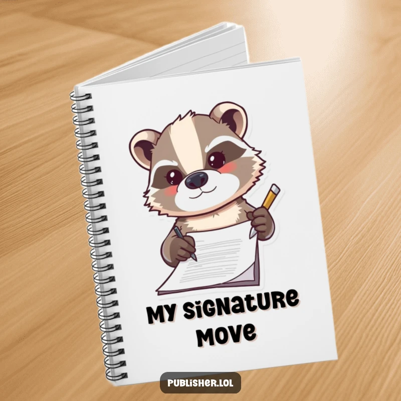Funny badger notebook, determinedly signing a document with a flourish, perfect for planning and jotting down ideas.