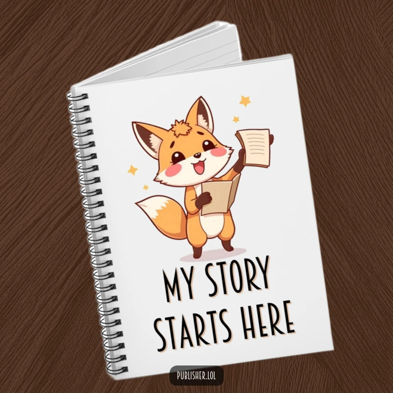 Funny fox notebook, tossing a manuscript in the air with amusement, perfect for jotting down creative and humorous ideas.