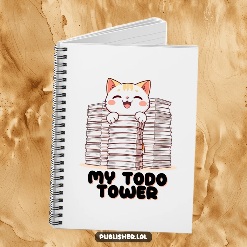Funny Kawaii Cat Notebook cover art: a smiling cat energetically stacking large volumes of paper, ideal for note-takers.