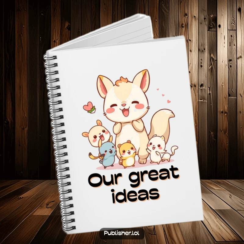 Funny notebook cover featuring a whimsical animal character energetically collaborating with tiny creatures, perfect for brainstorming and group projects.
