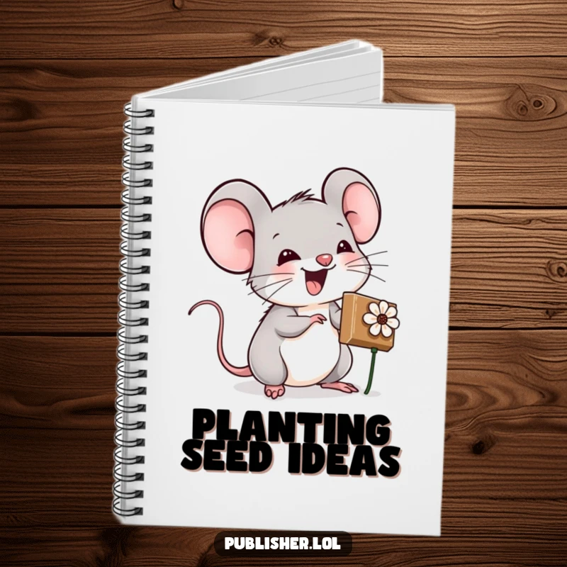 Funny notebook with an excited mouse character stamping a flower, serving as a delightful journal for crafting ideas and inspiration.