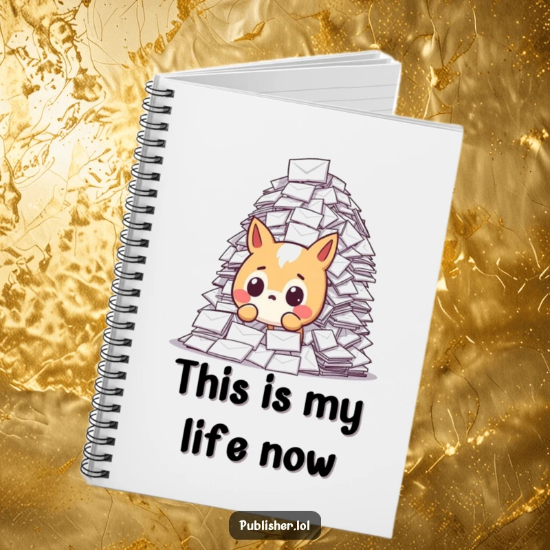 Funny notebook with a surprised animal character overwhelmed by a large volume of mail, perfect for jotting notes with humorous intent.