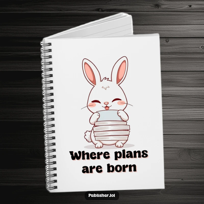 Funny winking rabbit adjusting papers with a meticulous grin on a notebook cover.
