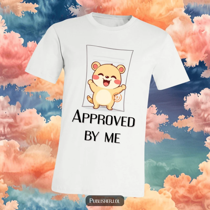 Funny T-Shirt: A cute animal character beams with a grin while enthusiastically stamping a large official document.