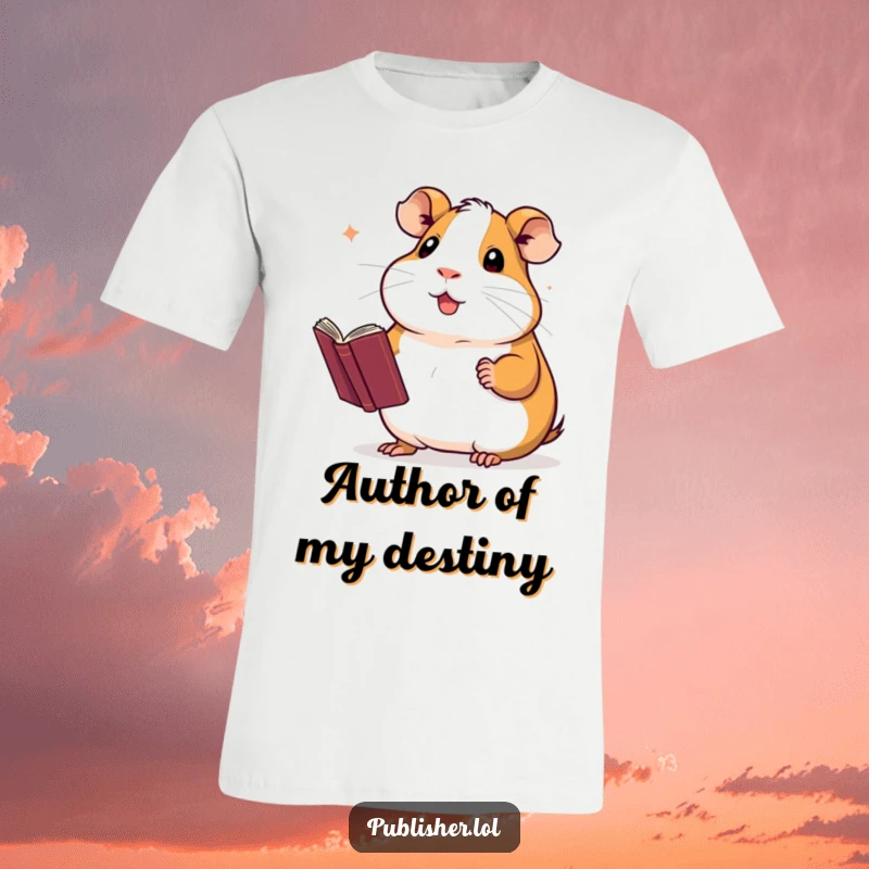 Funny t-shirt showing a proud guinea pig presenting a completed novel with a flourish, highlighting literary achievement.