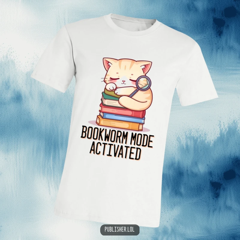 Funny sleepy cat on a stack of books, holding a tiny magnifying glass, t-shirt graphic for readers and cat people.