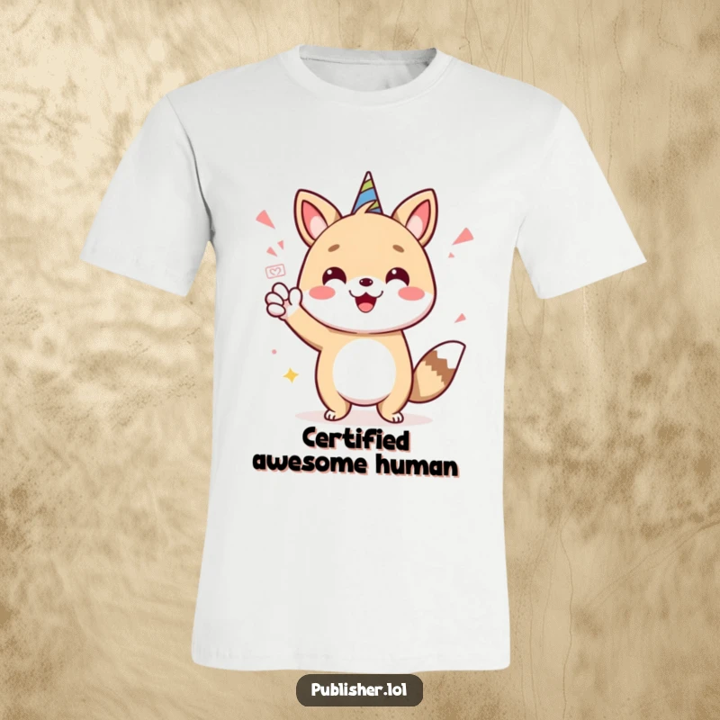 Funny t-shirt with a cheerful animal character giving a celebratory stamp of approval and flourish, symbolizing achievement and happiness.