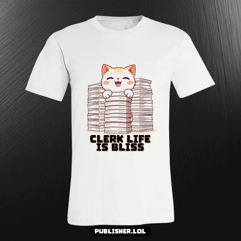 Funny Kawaii Cat T-Shirt featuring a grinning cat overwhelmed by huge stacks of paper, illustrating dedication and office life humor.