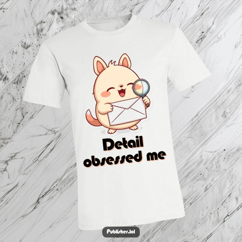 Funny t-shirt featuring a round animal character intently examining a letter with a magnifying glass, symbolizing curiosity and investigation.