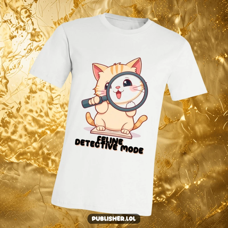 Funny t-shirt depicting an adorable cat enthusiastically using a large magnifying glass to examine a document.