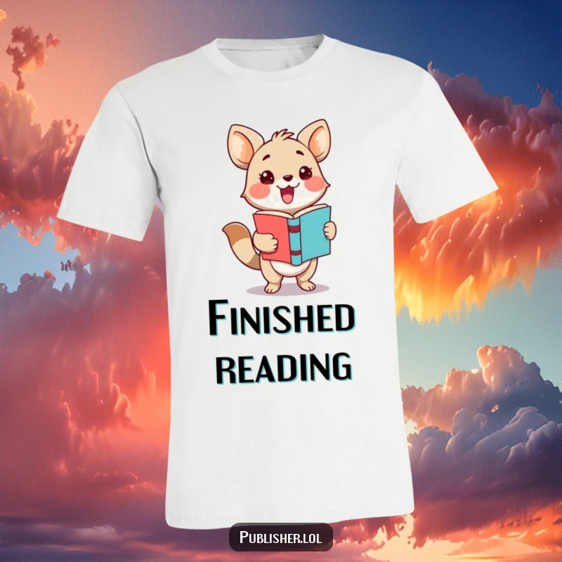 Funny t-shirt displaying an adorable animal character dynamically presenting a finished book with an energetic flourish and happy expression.