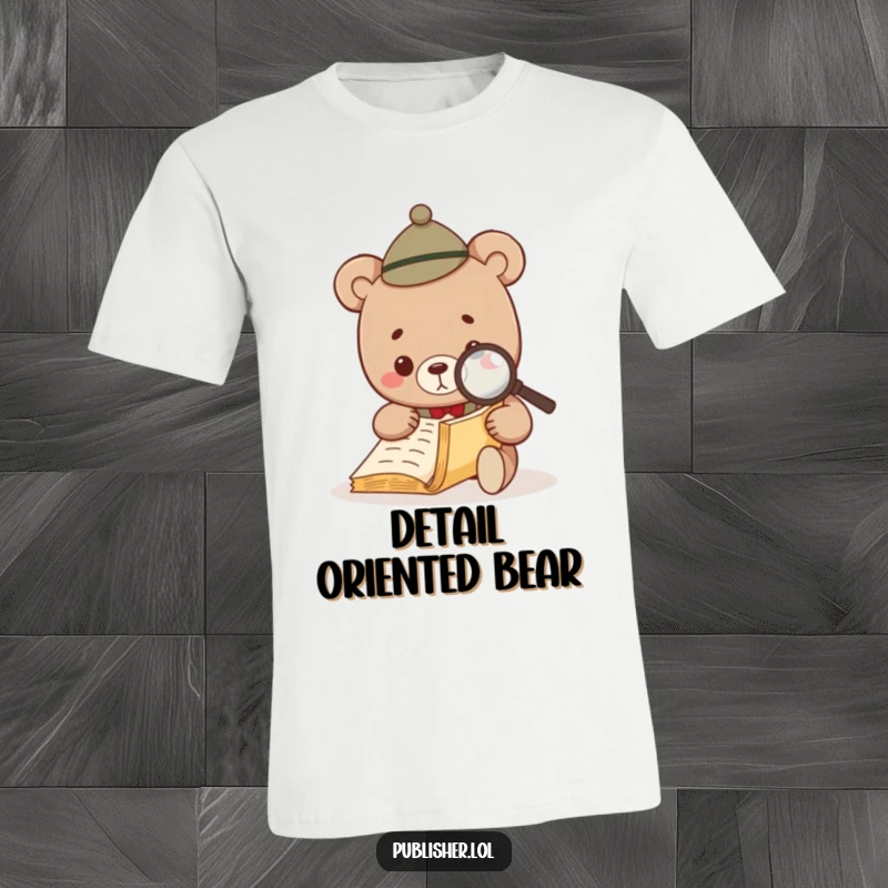Funny Bear Investigator T-Shirt: a small bear with a hat and magnifying glass scrutinizing a document, for bookworms.