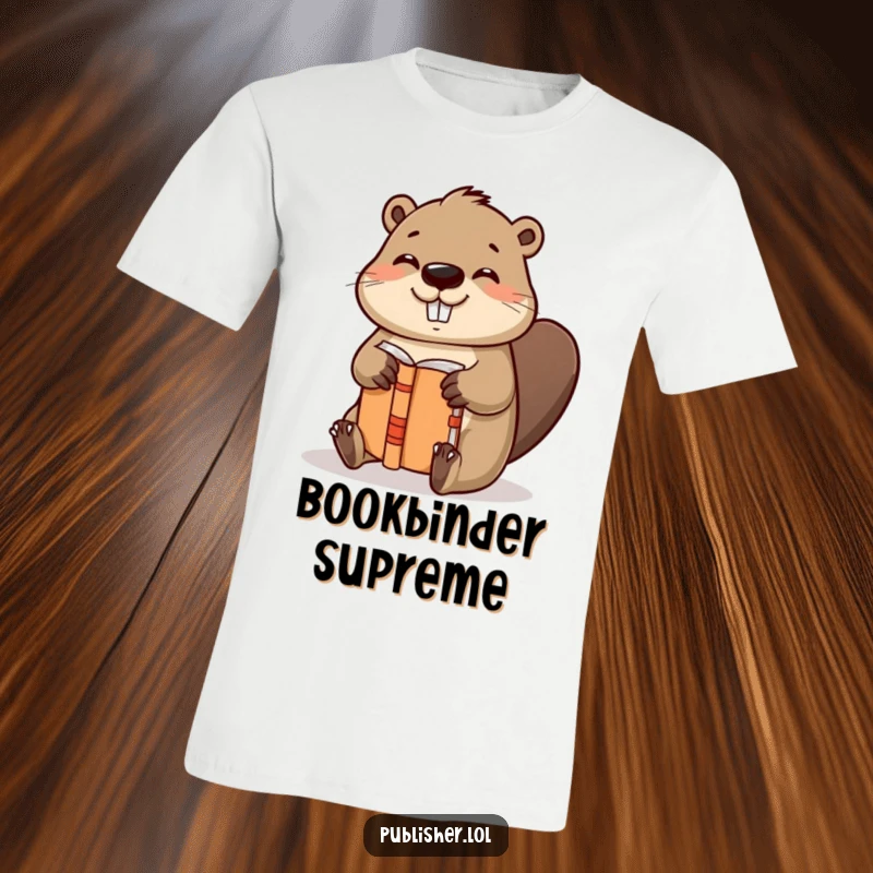 Funny t-shirt featuring a helpful beaver character binding a book with gusto and a satisfied nod, ideal for book artisans.