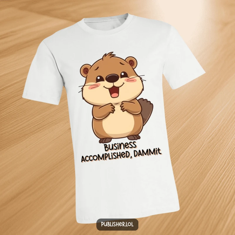 Funny T-Shirt depicting a delighted beaver with wide eyes, shaking hands and celebrating a deal closure, embodying business success with humor.