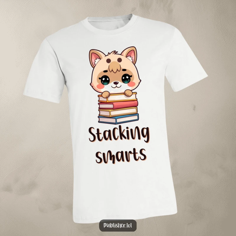 Funny t-shirt with a cute animal determinedly stacking books with precision, representing a strong love for reading and learning.