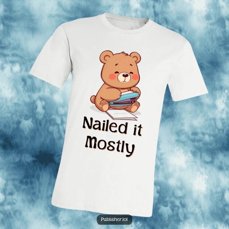 Funny T-Shirt depicting a clumsy bear comically trying to staple papers using its own paw, capturing relatable office fails humorously.