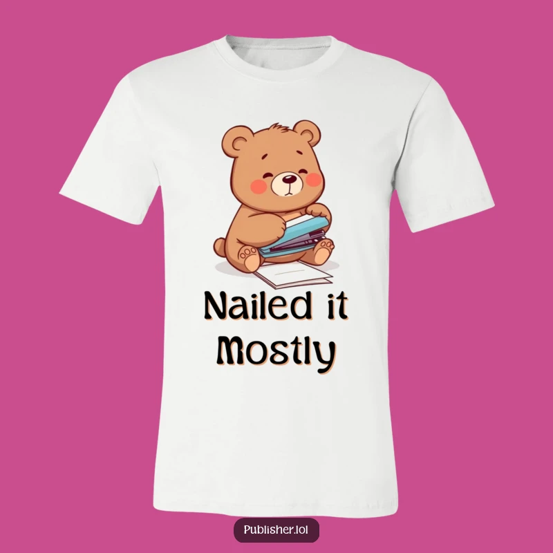 Funny Clumsy Bear T-Shirt - Hilarious Office Stapler Struggle Tee