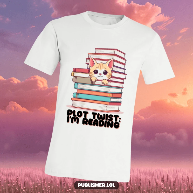 Funny t-shirt featuring a curious cat peeking from behind a massive stack of books, highlighting feline interest in literature.