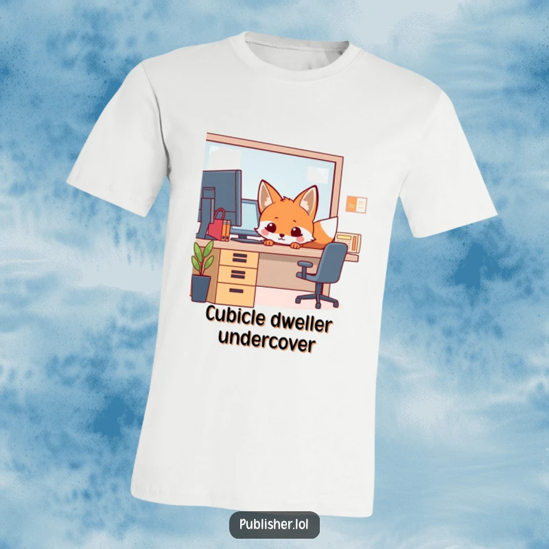 Funny T-Shirt with a curious fox peeking over an office desk, showcasing playful mischief and secret observation in a humorous design.