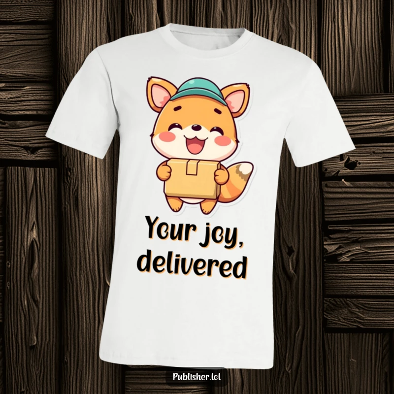 Funny t-shirt with a happy animal gleefully delivering a package with a wide smile, representing joy and excellent service.