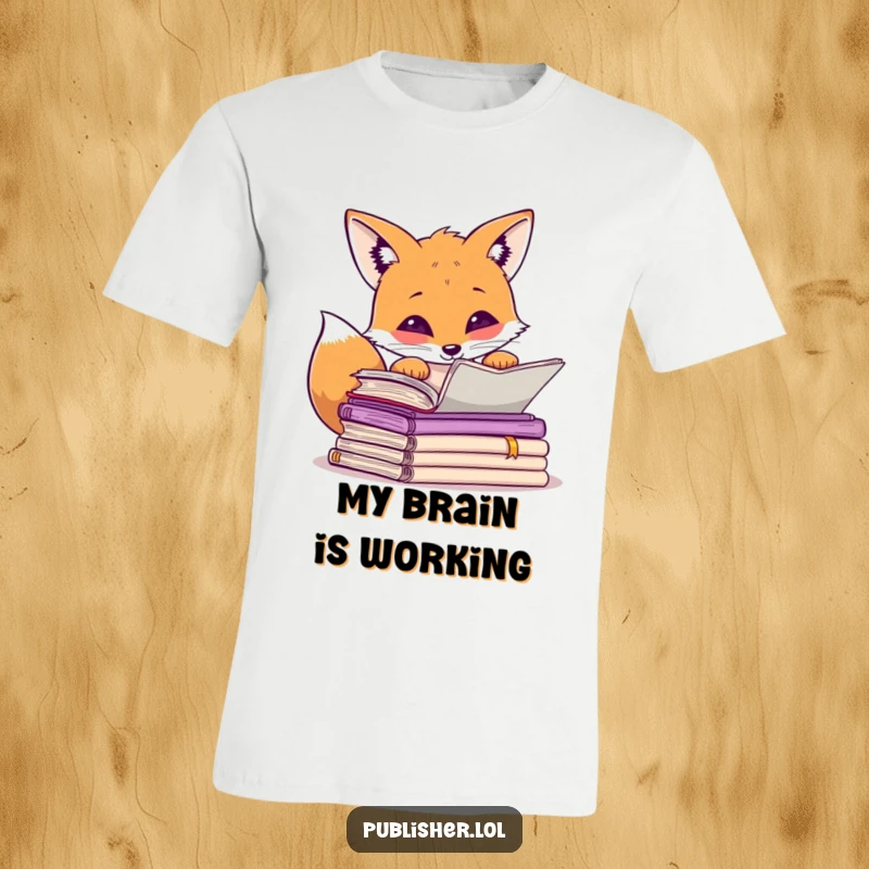 Funny curious fox peering over a pile of manuscripts, one paw raised in thought, t-shirt graphic for intellectuals.