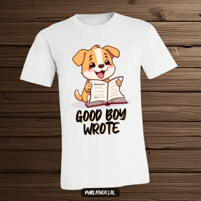 Funny T-Shirt: A happy dog character excitedly barks at a completed manuscript, symbolizing writer's accomplishment.