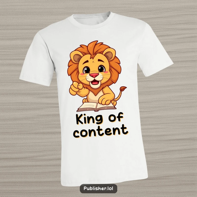 Funny t-shirt depicting a proud and decisive lion character pointing directly at a manuscript, exuding authority and a triumphant roar.