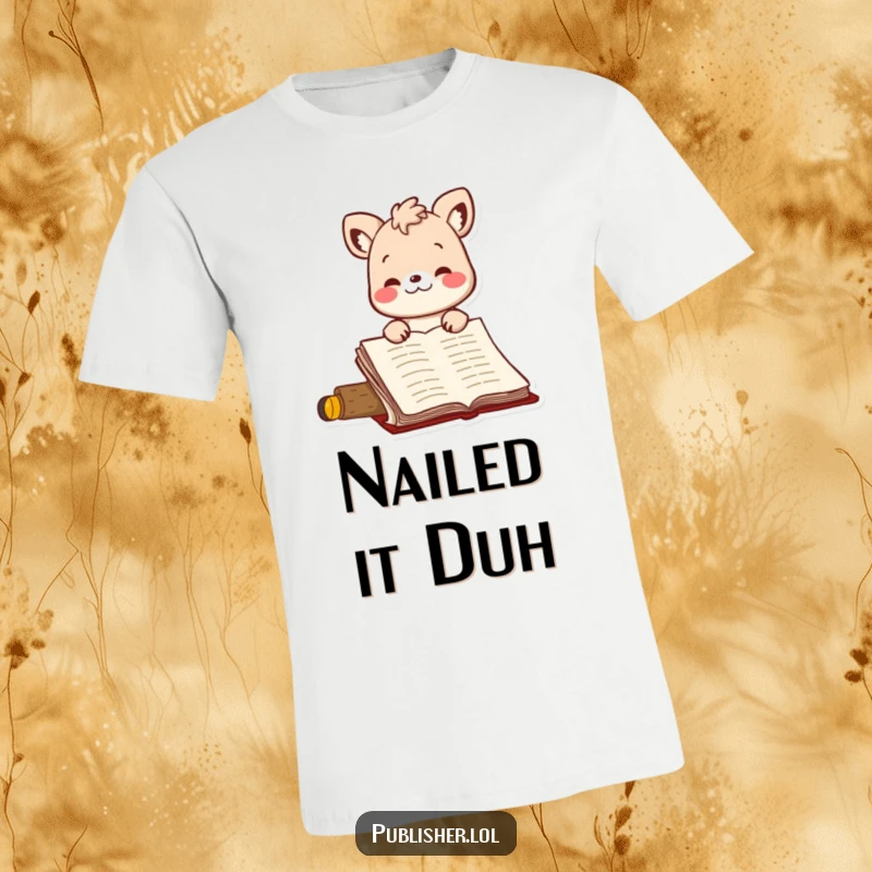 Funny t-shirt featuring a happy, bouncing animal character giving a vigorous nod of approval to a written manuscript, celebrating writing humor.