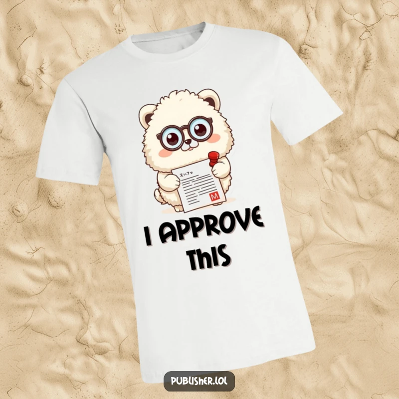 Funny t-shirt with a fluffy animal wearing a monocle, stamping a document, representing approval and sophisticated judgment.