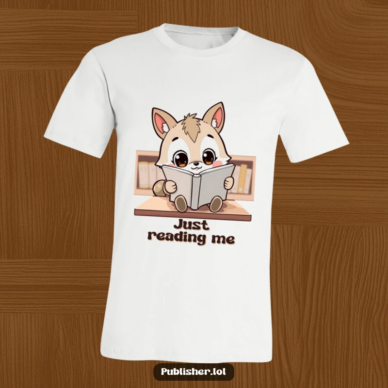 Funny T-Shirt: A cute kawaii animal character gazes intently at a manuscript with wide, focused eyes.