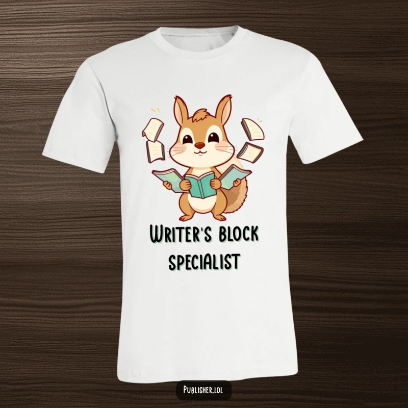 Funny squirrel t-shirt showcasing a determined creature comically juggling numerous manuscripts, perfect for expressing relatable chaos and humor.