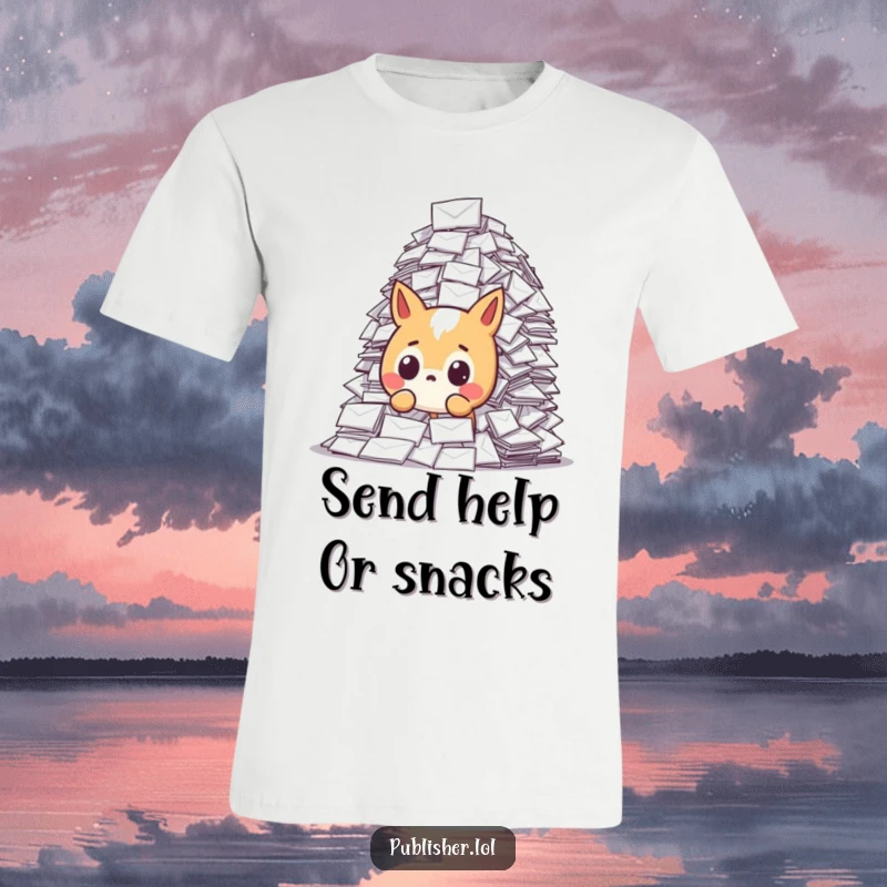 Funny t-shirt showing a wide-eyed animal character staring in disbelief at an enormous stack of incoming mail, a humorous take on postal overload.