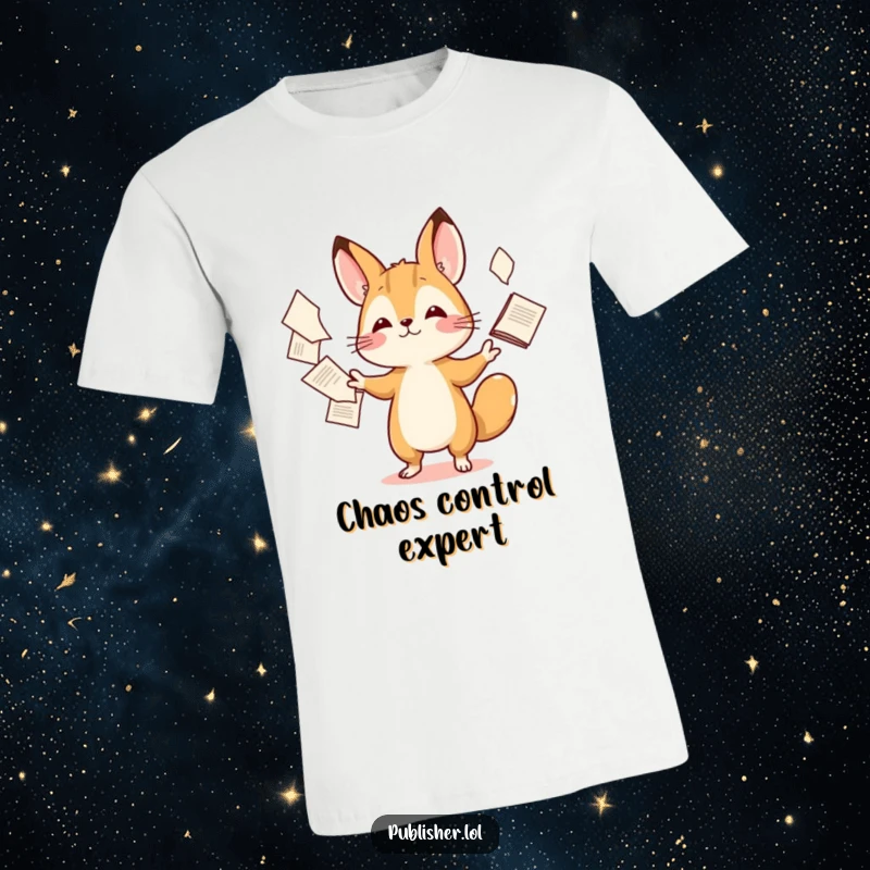 Funny t-shirt showcasing a tiny animal character skillfully juggling a pile of documents with playful and energetic dexterity.