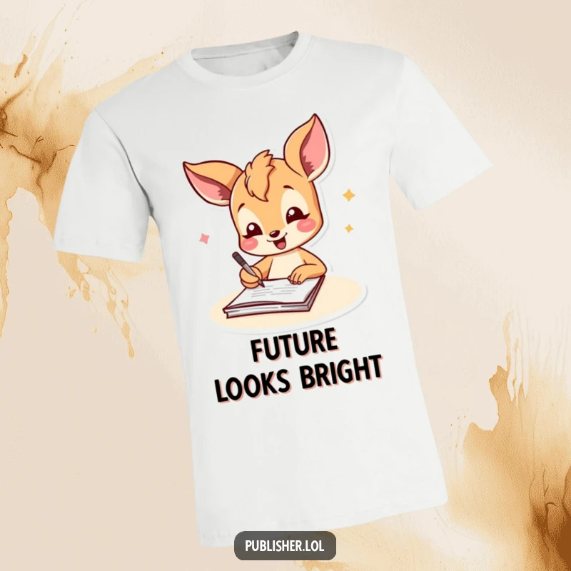 Funny fawn t-shirt featuring a joyful character signing a document with a flourish, perfect for expressing cheerful accomplishment and humor.